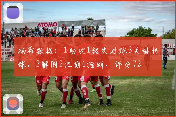 杨希数据：1助攻1错失进球3关键传球，2解围2拦截6抢断，评分72